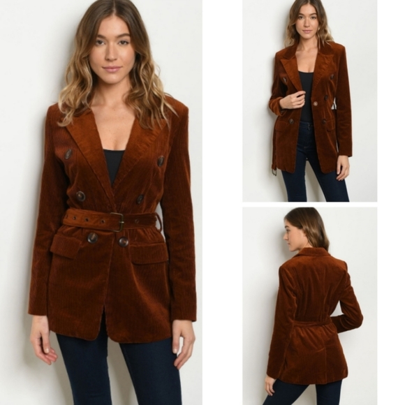 Amber Brown Belted Cord Trench Coat Jacket - Picture 6 of 8